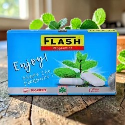 Medina Market Flash Pfefferminz Kaugummi Packung mit frischen Minzblättern und blauem Design