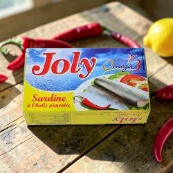 Medina Market Joly Sardinen in scharfem Öl in einer gelben Verpackung mit Abbildung von Fisch und Chili
