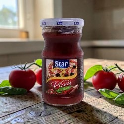 Medina Market Star Pizzasauce in einem Glas mit roter Tomatensoße und würzigem Aroma