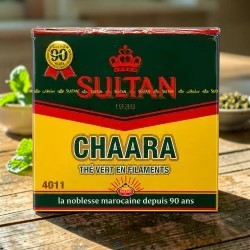 Medina Market Sultan Chaara grüner Tee in einer quadratischen Verpackung mit traditionellem marokkanischem Design
