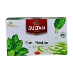 Medina Market Sultan Pure Menthe Minztee in einer weißen Verpackung mit frischen Minzblättern und Teemotiv